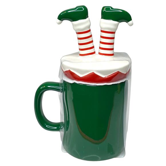 NEW Rae Dunn Santa's Helper Ceramic COFFEE MUG + TOPPER Cover Lid Elf Legs Green - Picture 2 of 5